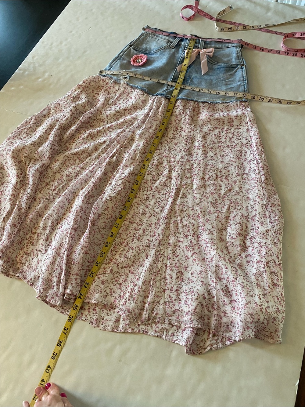 Wrangler Denim Jean Skirt Womens Size XS Handmade Upcycled OOAK Floral Waist 26 - Picture 8 of 13